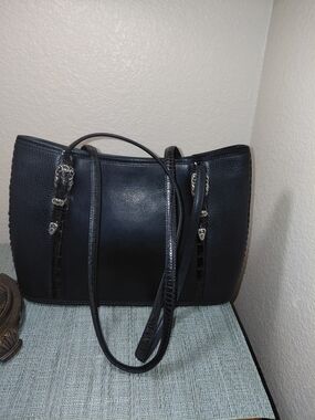 Brighton Black Leather Tote with Silver Accents